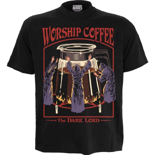 STEVEN RHODES - WORSHIP COFFEE - Front Print T-Shirt Black - XL