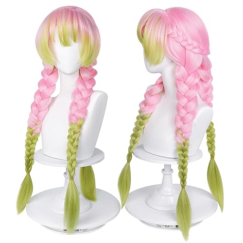LABEAUTÉ Max Beauty Anime Pink and Green Wig for Mitsuri Cosplay Braided Hair Wig with Pigtails Halloween Party Wig + Cap - Pink Green Mitsuri