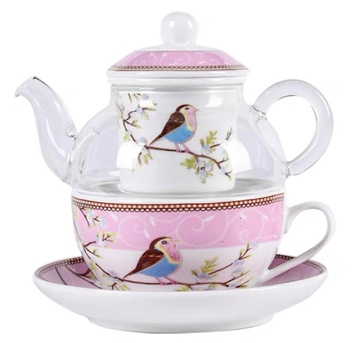 YBK Tech Tea for One Set, Glass Teapot with Porcelain Infuser Strainer and Cup & Saucer- Happy Bird Pattern (Pink) - Pink
