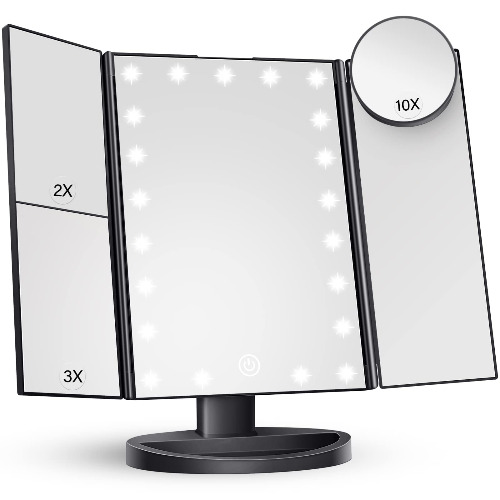 Makeup Mirror Vanity Mirror with Lights, 2X 3X 10X Magnification, Lighted Makeup Mirror, Touch Control, Trifold Makeup Mirror, Dual Power Supply, Portable LED Makeup Mirror, Women Gift (Black) - Black