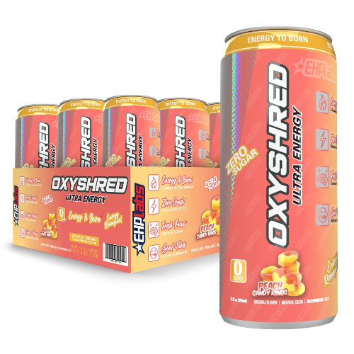 OxyShred Ultra Energy Drink by EHPlabs - Performance Carbonated Energy Drink with Zero Fat, Zero Sugar, Zero Carbs & Zero Calories, 100% Natural, Peach Candy Rings (12-Pack)