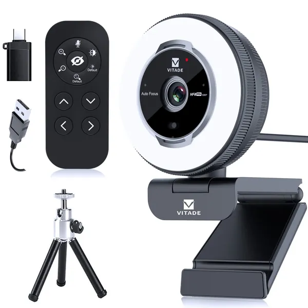 Zoomable Webcam with Remote Control, Vitade 1080P 60FPS Streaming Webcam with Adjustable Ring Light and Tripod, Pro USB 5X Digital Zoom Webcam for Zoom/Skype Teams/Laptop/Mac Windows - Webcam With Tripod
