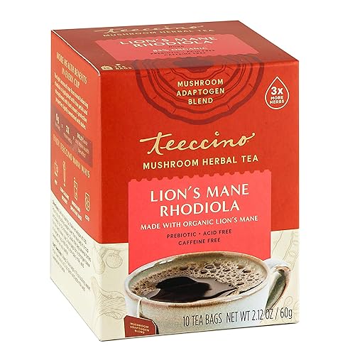 Teeccino Lion’s Mane Rhodiola Tea - Rose - Caffeine-Free Mushroom Adaptogenic Herbal Tea, 3x More Herbs than Regular Tea Bags, Lightly Sweet from Dates & Figs, Chicory Prebiotic - 10 Tea Bags