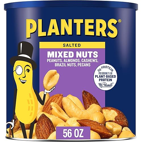 PLANTERS Salted Mixed Nuts, Peanuts, Almonds, Cashews, Brazil Nuts and Pecans, Party Snack, Plant-Based Protein, Quick Snack for Adults, After School Snack, Bulk Nuts, Kosher, 56oz Canister - Salted (Peanuts, Almonds, Cashews, Brazil Nuts, Pecans) - 3.5 Pound (Pack of 1)