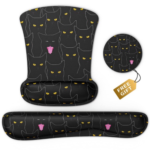 Kawaii Mouse Pad & Keyboard Wrist Rest Support Set Ergonomic Memory Foam Non-Slip Rubber Base Cute Mouse Mat Coaster for Home,Computer,Office Easy Typing and Relieve Wrist Pain - Black Cats - Black cats