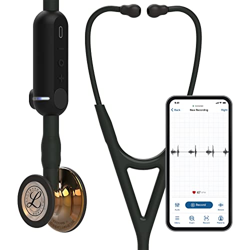 3M Littmann CORE Digital Stethoscope, Our Most Advanced Stethoscope Yet, Up To 40x Amplification*, Active Noise Cancellation, In-App Sound Wave Visualization, High Polish Copper Chestpiece, 8870 - Black Tube, Black Stem - High Polish Copper Chestpiece