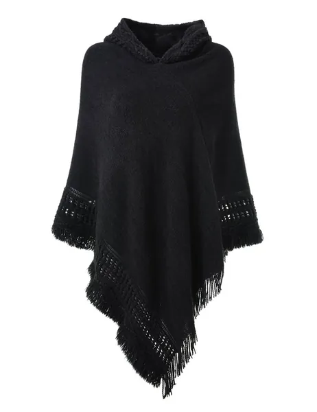 Ferand Ladies' Hooded Cape with Fringed Hem, Crochet Poncho Knitting Patterns for Women - Black