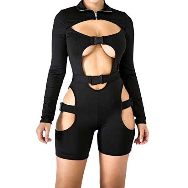 Damen Jumpsuit mit langen Ärmeln und Reißverschluss am Ausschnitt, für den Sommer, mit Schnalle