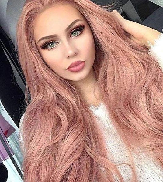 Cosswigs Long Wavy Peach Red Pink Lace Front Wig for Women Glueless Synthetic Pink Wig Heat Ok 24inches