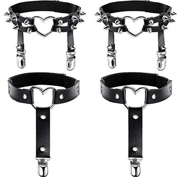 2 Paare Leder Bein Harness Niet Strumpfband PU Leder Punk Gotisch Ring Strumpfband（Herz und Herz）