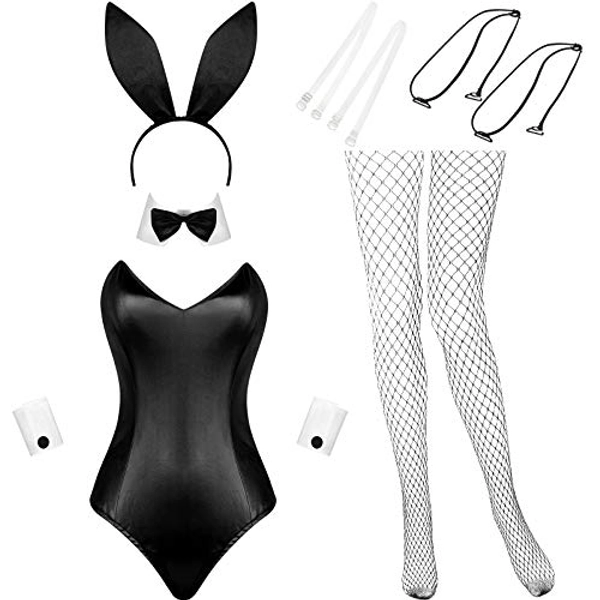 Geyoga Hase Kostüm Frauen Schwänze Bodysuit Kaninchen Outfit Set für Halloween Weihanchten Kostüm Party (Weiß und Schwarz, S)