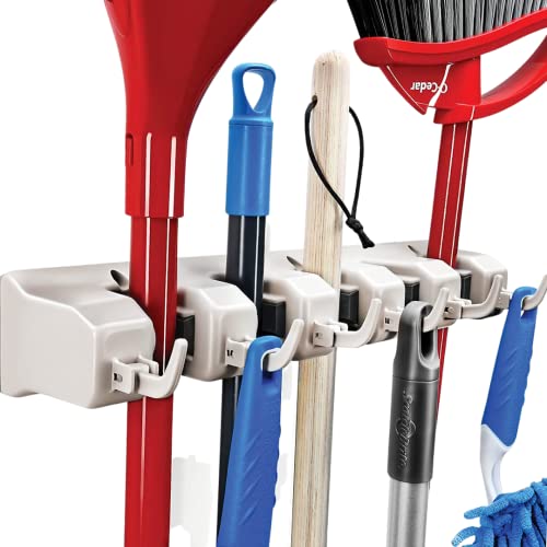 HOME IT Mop And Broom Holder - Garage Storage Systems with 5 Slots, 6 Hooks, 7.5lbs Capacity Per Slot - Garden Tool Organizer For 11 Tools - For Home, Kitchen, Closet, Laundry Room - Off-White - 5-position, 6-Hooks