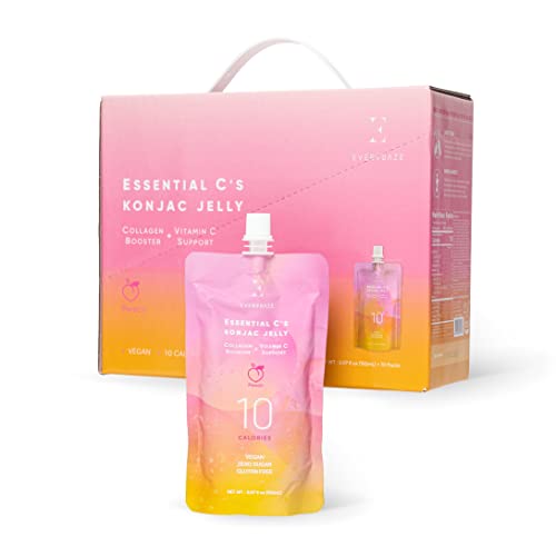 EVERYDAZE Essential C’s Collagen + Vitamin C Konjac Jelly | Vegan, 10 Calories, 0 Sugar | Peach | 10 Packs | Healthy Diet Pouch Drinkable Snack Drink, Weight Management - Peach