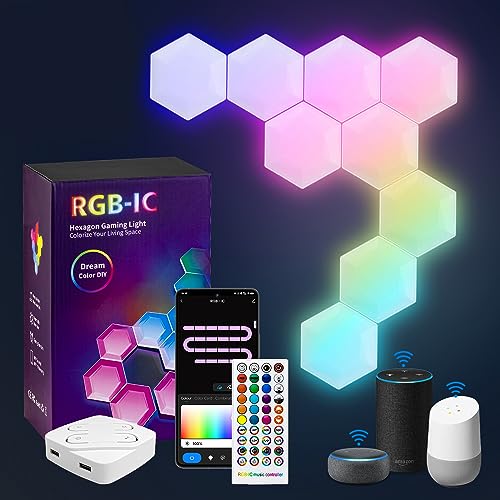 Yeexppz Hexagon WiFi LED Lights, 10 Pack Hex Wall Light RGB IC Gaming Panels, DIY Geometry Splicing Module, Compatiable with Alexa and Google Assistant