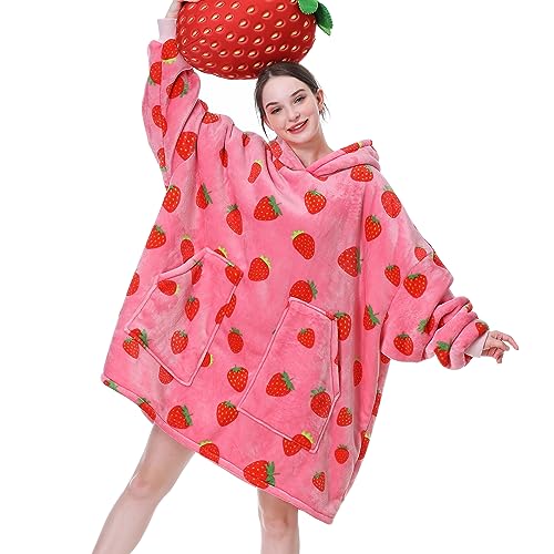 Aemicion Strawberry Blanket Hoodie,Oversized Wearable Blanket,Sherpa Hooded Blanket,Warm Cozy Sweatshirt Blanket Gifts for Women Girls Adult - Strawberry/Adult - Adult