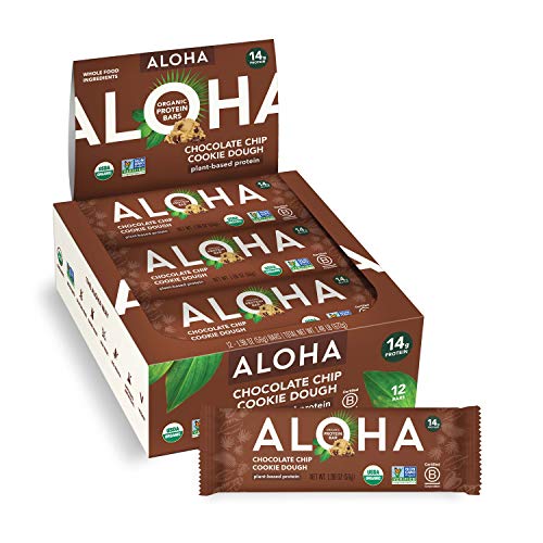 ALOHA Organic Plant Based Protein Bars - Chocolate Chip Cookie Dough - 12 Count, 1.9oz Bars - Vegan Snacks, Low Sugar, Gluten-Free, Low Carb, Paleo, Non-GMO, Stevia-Free, No Sugar Alcohols - Chocolate Chip Cookie Dough