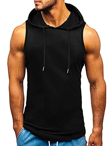 Amussiar Men's Workout Hooded Tank Tops Bodybuilding Muscle T-Shirt Sleeveless Gym Hoodies - X-Large - Black