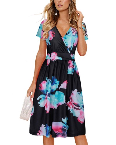 OUGES Women's Summer Short Sleeve V-Neck Floral Casual Ladies Dress with Pockets - S - Floral06