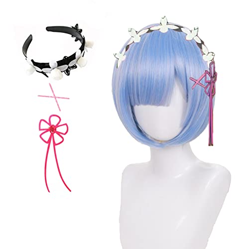 Rem Wig with Headband, X-Pins, Flower Bow, Anime Ram Cosplay Wig, Short Pink Bob Wig for Women and Girls (rem) - Rem
