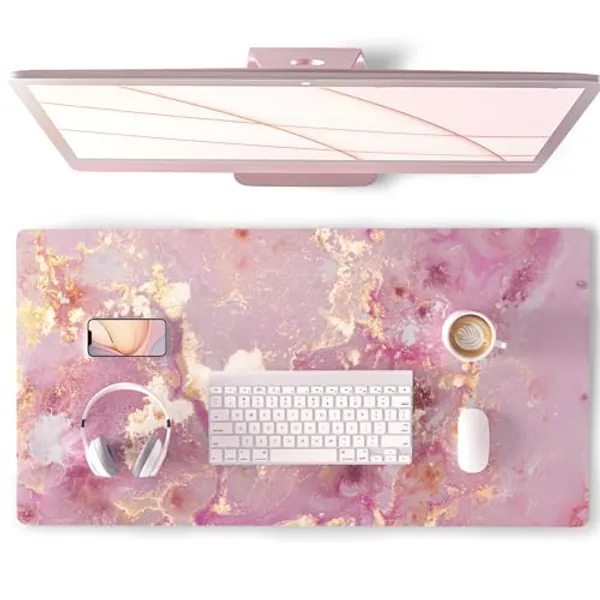 QIYI Large Mouse Pad, Cute Pink Desk Mat for Desktop, Women Girls PU Leather Waterproof Gaming, Rose Gold Marble Computer PC Laptop Protector Writing Pads for School Office Home 31.5" x 15.7"