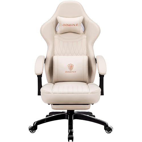 Dowinx Chaise de Jeu avec Coussin de Printemps, Chaise de Jeu de Course avec Support Lombaire de Massage, Fauteuil de Jeu Ergonomique avec Repose-Pieds, Chaise de Bureau en Cuir synthétique Blanc - Blanc Ivoire.