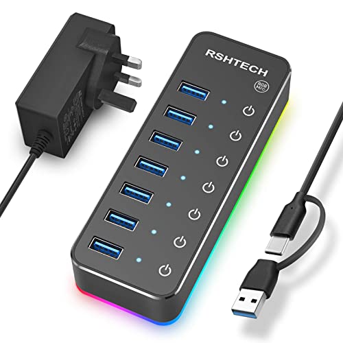 RGB Powered USB 3.0/USB C Hub RSHTECH 7-Port USB 3.0 Data Hub Splitter with 14 RGB Lighting Modes, 20W Power Adapter, USB A/USB C Cable and Individual On/Off Switches. (RSH-518R) - USB A/C to 7-Port USB 3.0 hub