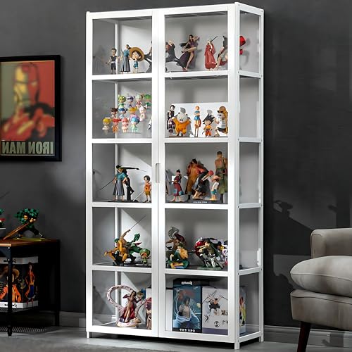 5 Tier Curio Display Cabinet, Storage Shelves with Acrylic Glass Door, Collectibles Toy Organizers Rack & Display Shelf, Kids Bookcase for Bedroom, Reading Nook, Toddler's Room, Bamboo, White - White Double Door