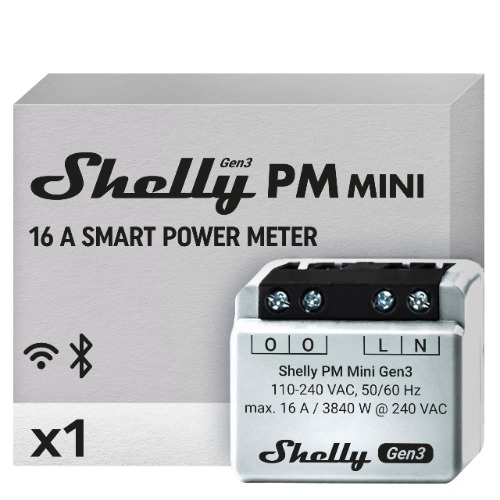 Shelly PM Mini Gen3 | Intelligent WLAN och Bluetooth elmätare | 1 kanal 16 A | effektmätare | Kompatibel med Alexa och Google Home | iOS-Android-app | Ingen hubb krävs