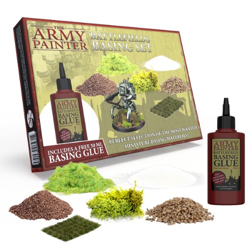 The Army Painter Battlefields Basing Set, with Green Static Grass, Green Tufts, White Snow Flock, Summer Undergrowth, Brown Sand, Rocks and 1 PVA Glue 50mL for Miniature Bases, Diorama Scenics