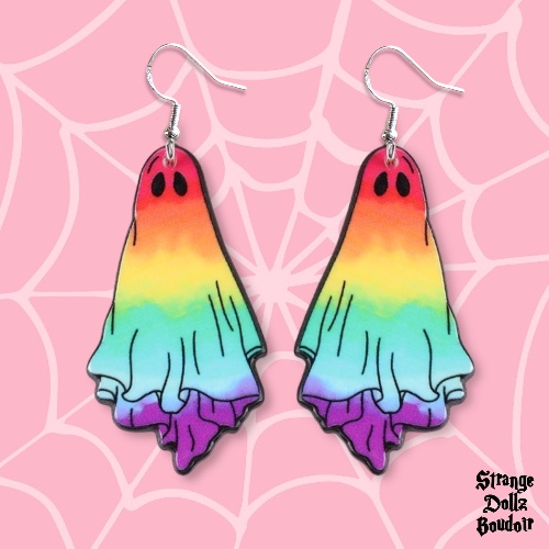 Over the Rain-Boo, Rainbow Ghost earrings, 925 sterling silver, Cute gothic jewellery, Pastel Goth, Strange Dollz Boudoir
