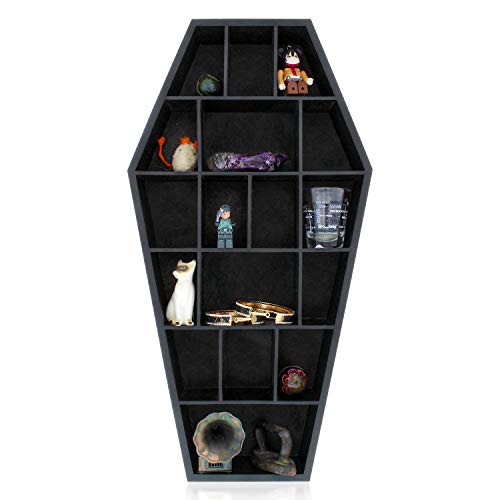 Gothic Curiosities Curio Coffin Shelf - Wooden Goth Decor for Display or Storage of Shot Glasses, Mini Figures, Rocks, and More - 18.5 by 9.75 by 2.75 Inches - Black