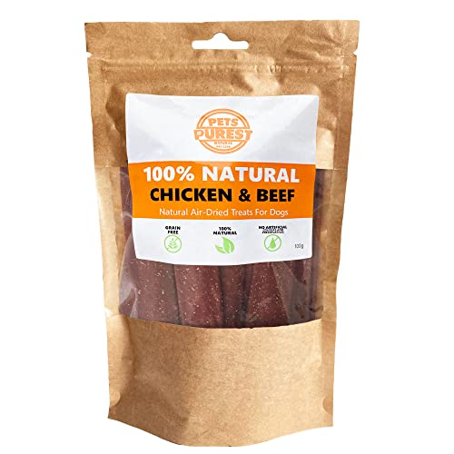 Pets Purest Dog Treats Chicken Beef Strips - 100% Natural Air-Dried Chews for Dogs, Puppy & Senior. Healthy Hypoallergenic Grain, Gluten & Lactose Free Raw Food Treat Snack Sticks (100g) - Chicken