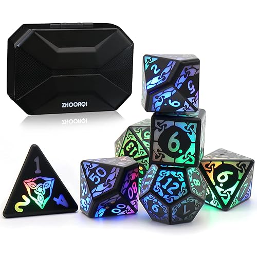 DND Dice Rechargeable with Charging Box, 7 PCS LED Electronic Dices, Dungeons and Dragons Polyhedral Sets for Tabletop Games ZHOORQI D&D MTG Pathfinder Role Playing Game(3Color Light up) - 3color Light Up