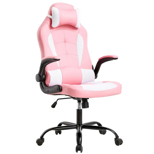 Gaming Chair Office Chair Desk Chair with Lumbar Support Flip Up Arms Headrest Swivel Rolling Adjustable PU Leather Racing Computer Chair for Girls,Pink