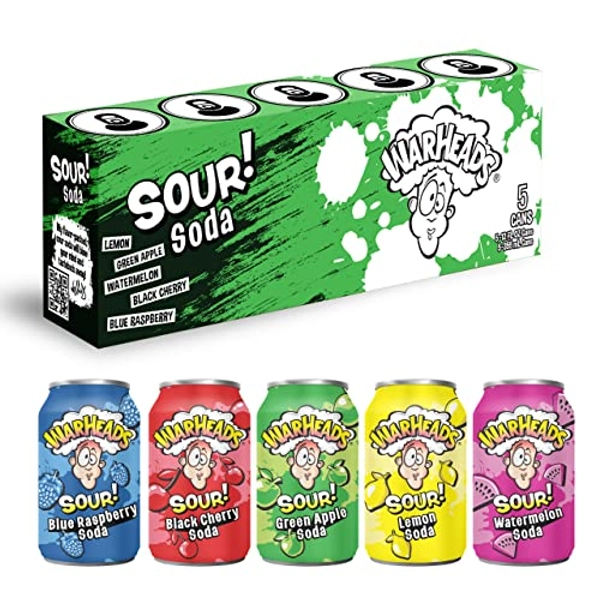 WARHEADS SODA - Sour Fruity Soda with Classic Warheads Flavors – Perfectly Balanced Sweet and Sour Soda - Warheads Candy Throwback Treat, Soda, Cocktail Mixer, Pack of 5, 12oz Cans (Sampler Pack) - Sampler Pack - 12 Fl Oz (Pack of 5)