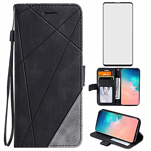 Asuwish Compatible with Samsung Galaxy S10 Wallet Case and Tempered Glass Screen Protector Flip Card Holder Stand Cell Accessories Phone Cover for Glaxay S 10 Edge Gaxaly 10S GS10 X10 Women Men Black - Black - for S10