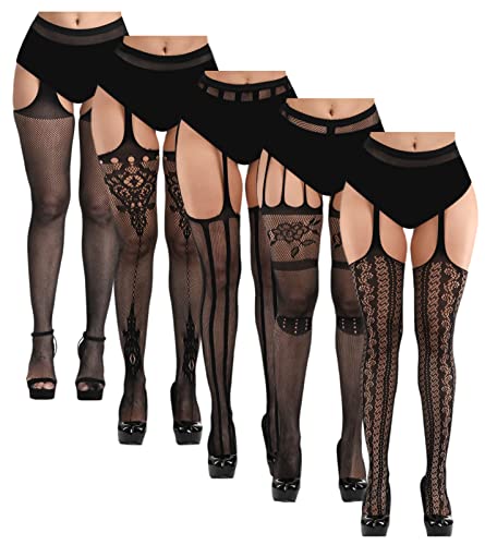 FULLSEXY Plus Size Fishnet Stockings, Fishnet Tights Thigh High Stockings Pantyhose for Women - One Size - Black 05(5 Pairs)