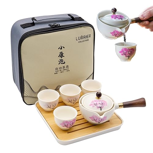 LURRIER Porcelain Chinese Gongfu Tea Set,Portable Teapot Set with 360 Rotation Tea maker and Infuser,Portable All in One Gift Bag for Travel,Home,Gifting,Outdoor and Office (Sakura) - Sakura