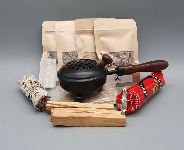 Incense set incense pan, sand, charcoal, Palo Santo, white sage, incense, selenite