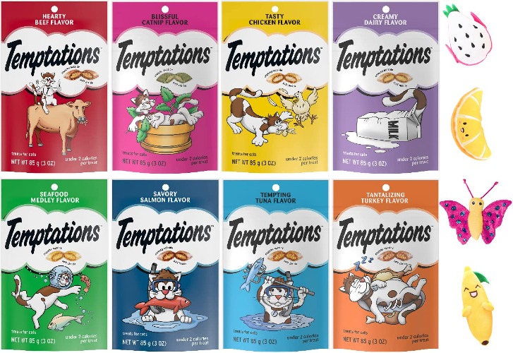 Aurora Pet Variety Pack (8 Flavors) Temptations Classic Cat Treats (Chicken, Salmon, Seafood Medley, Turkey, Tuna, Catnip, Beef, Dairy (3-oz Each) with AuroraPet Catnip Toy (Assorted) - 