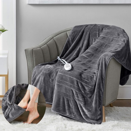 Heated Blanket with Foot Pocket, Machine Washable Extremely Soft and Comfortable Electric Blanket Throw with 3 Heating Settings and auto Shut-Off, Grey (50 x 62) - Foot Throw 50x62" Grey