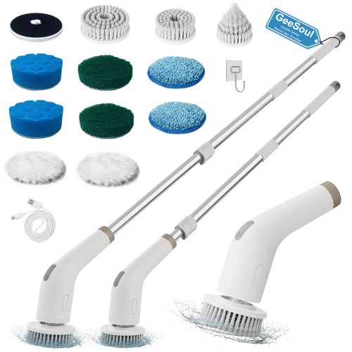 GeeSoul Electric Spin Scrubber, 13 in 1 Electric Cleaning Brush, Large Power with 2 Adjustable Speeds, Shower Cleaner Brush for Bathroom, Tub, Toilet, Kitchen (White)