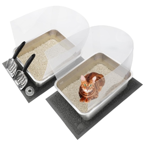 YUEPET 2 Sets Stainless Steel Cat Litter Box with High Sides, Durable Metal Cat Litter Basin Pan Easy to Clean Cat Litter Tray for Odor Control with Cat Litter Scoops Cat Litter Mats 17.5"x13.6"x6" - 17.5"x13.6"x6" - 2 Sets Cat Litter Boxes