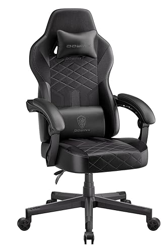 Dowinx Gaming Chair with Pocket Spring Cushion, Ergonomic Computer Chair High Back, Reclining Game Chair Pu Leather 350LBS, Black - Black - without footrest