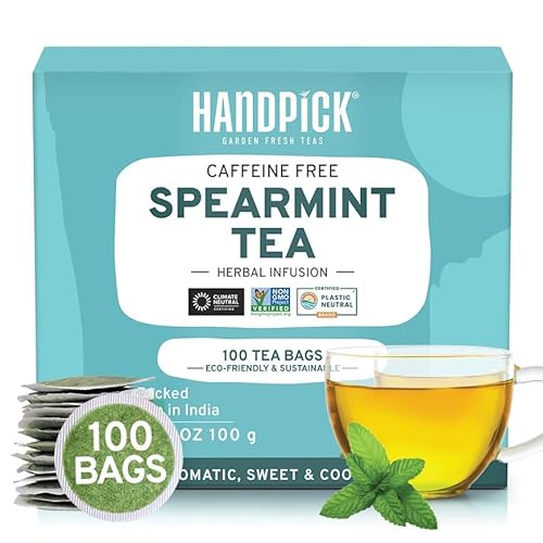 HANDPICK, Spearmint Tea Bags (100 Herbal Tea Bags) Premium Spearmint Leaves, Caffeine Free | Non-GMO, Gluten Free | Round Eco-Conscious Tea Bags | Light & Fresh - Spearmint Tea - 100 Count (Pack of 1)