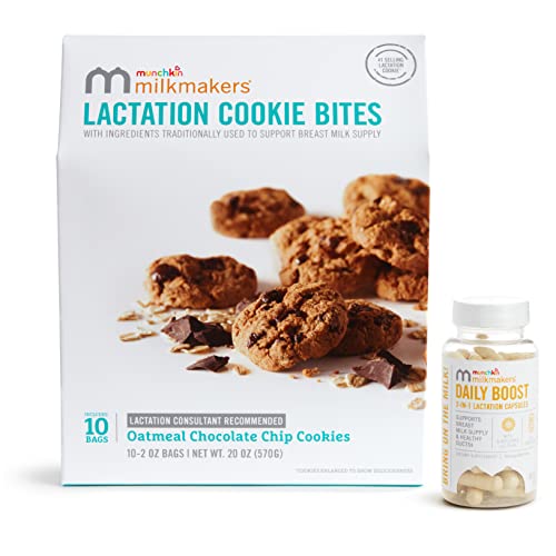 Munchkin® Milkmakers® Oatmeal Chocolate Chip Lactation Cookie Bites and 2-in-1 Supplements - Supports -Breast Milk Supply and Healthy Ducts - Lactation Supplement + Oatmeal Chocolate Chip Cookies - 60 Count +10 Pack