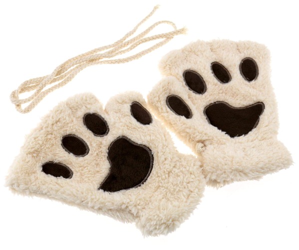 1 Paar Beige Winter Warme Katzen Klaue Pfote Weiche Plüsch Halbfinger Fingerlose Handschuhe