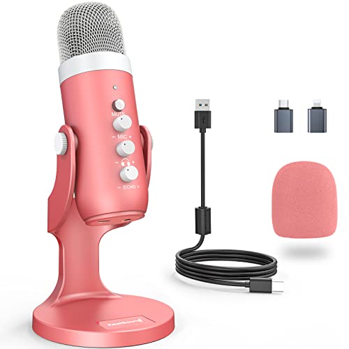 ZealSound Gaming USB Pink Microphone with Quick Mute for Phone Computer PC PS5,Studio Mic with Gain Control,Echo&Monitor Volume Adjust for Streaming Vocal Recording ASMR Podcast Video K66