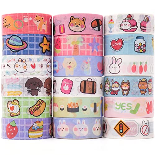 CUNCUN Cute Washi Tape Set, 18 Rolls Kwaii Masking Tape, Decorative Tape for DIY Crafts, Journaling, Scrapbooking Supplies, Planners, Arts Crafts, Bullet Journals, Gift for Girls Boys