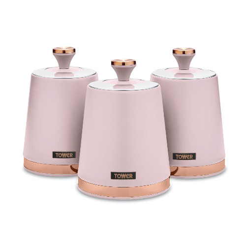 Tower T826131PNK Cavaletto Set of 3 Storage Canisters for Tea/Coffee/Sugar, Steel, Marshmallow Pink and Rose Gold